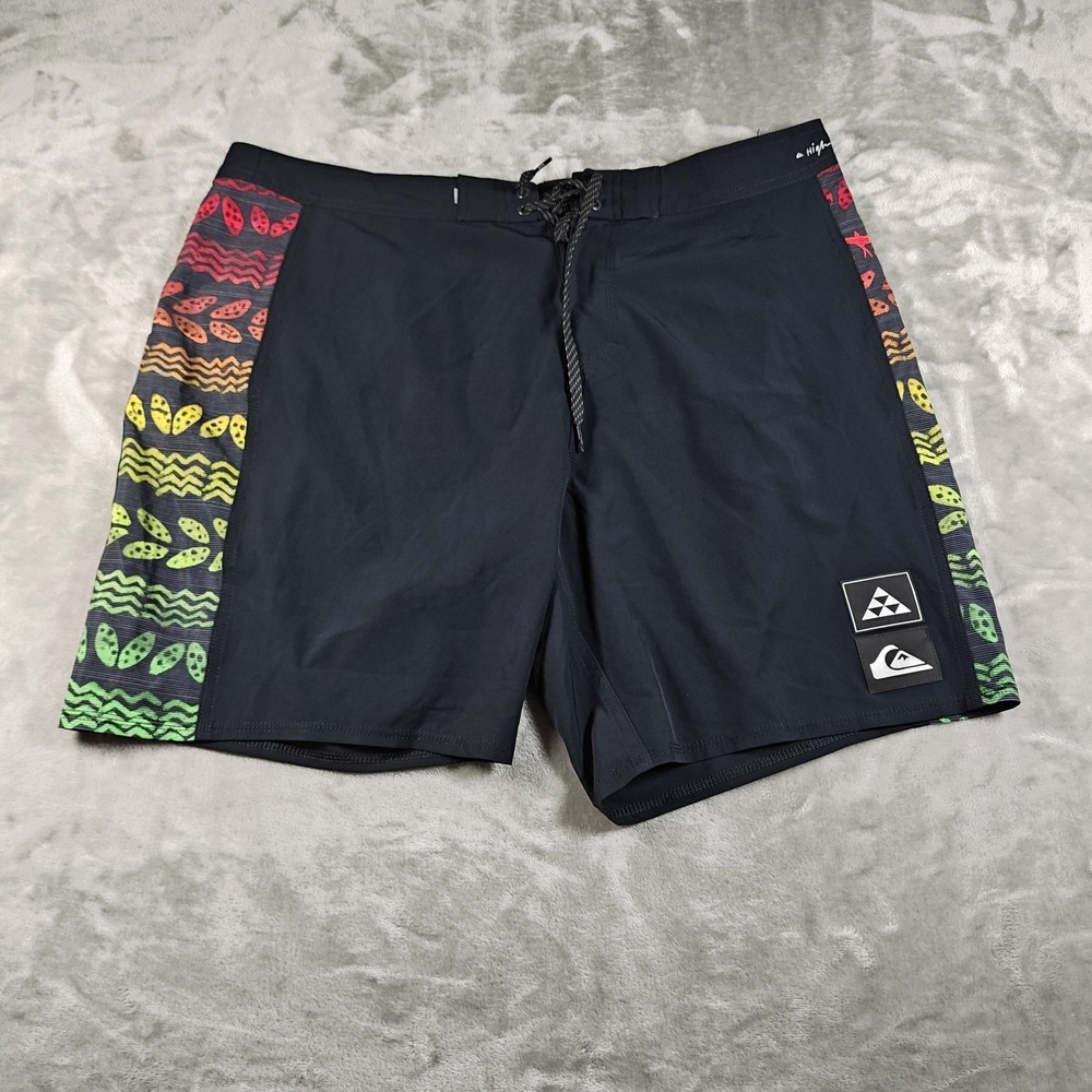 Quicksilver Board Shorts Men 38 Black Colorful Swim Trunks Surf Beach Skater Y2k